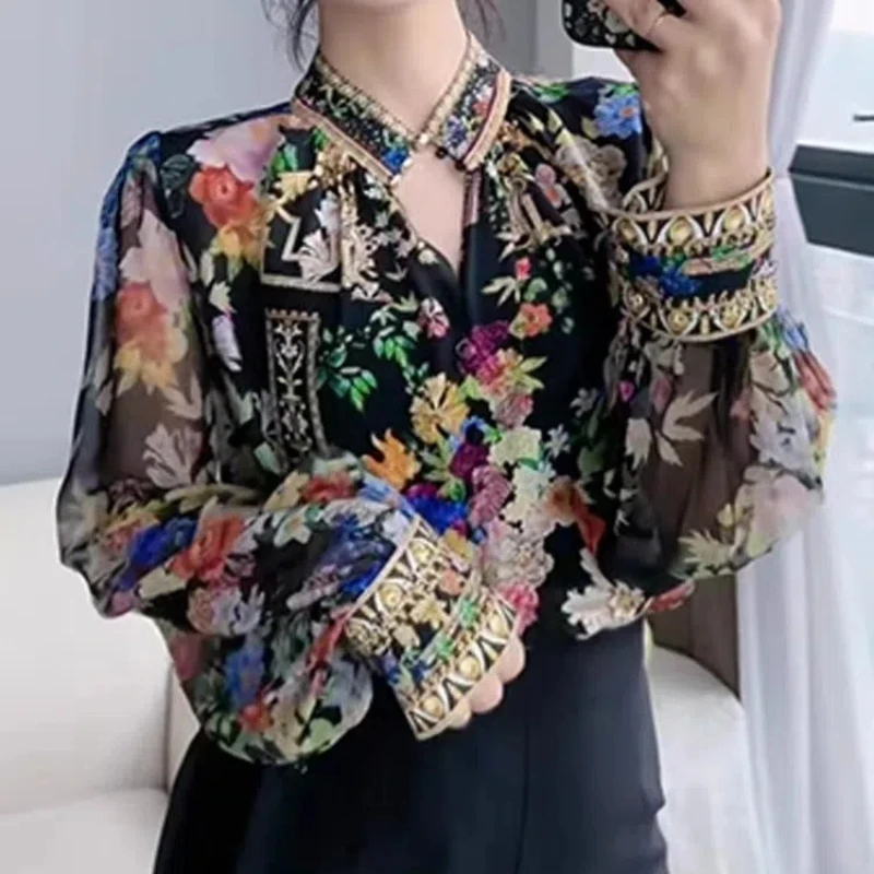 2024 Spring and Autumn Retro Ethnic Style Fashion Versatile Blouses Long Sleeve Printed Embroidery Splicing Women\'s Shirt Top