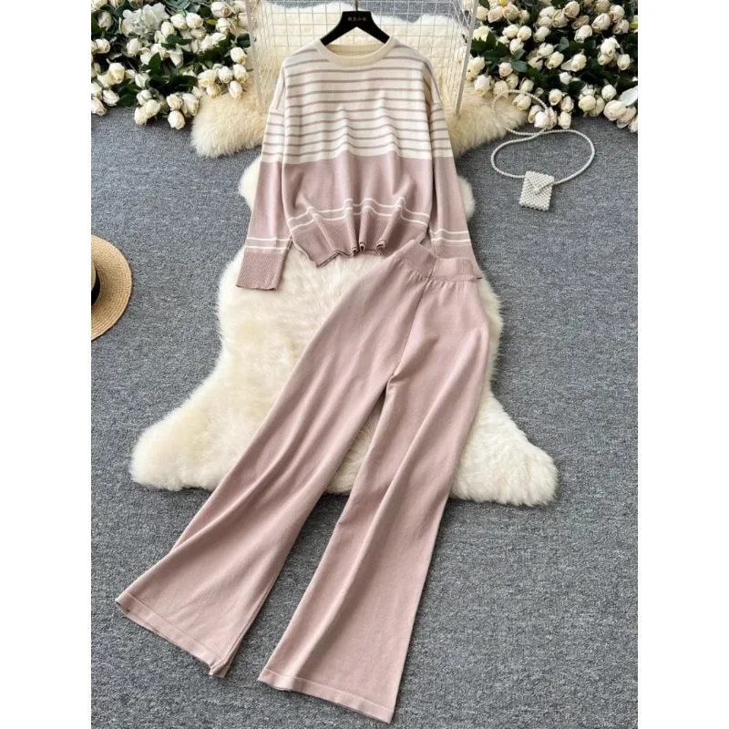 

Женский Повседневный костюм из двух предметов, трикотажный свитер в полоску контрастных цветов с круглым вырезом и брюки с высокой талией и широкими штанинами