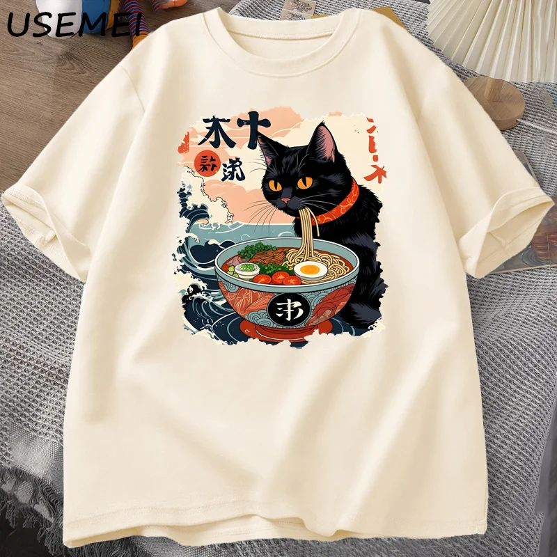 

Футболка с принтом Kawaii Cat в стиле аниме Ramen Japan, забавная футболка Kawaii, футболка с лапшой и котом, мужская летняя хлопковая футболка, одежда в стиле Харадзюку