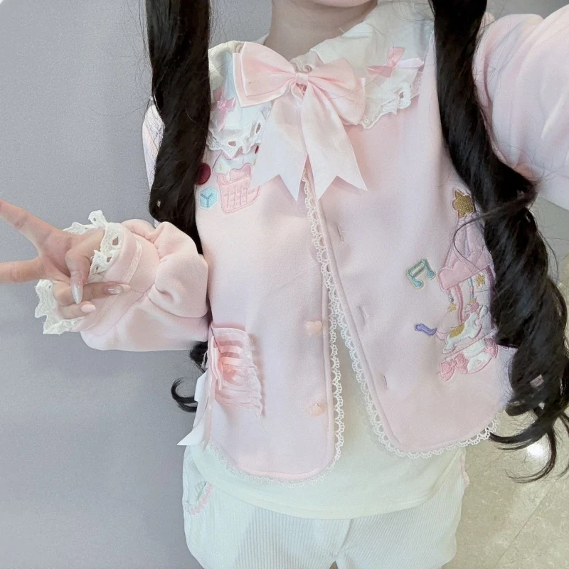 

Japanese Sweet Lolita Style Coats Women Kawaii Lace Cake Embroidery Bow Short Jackets Y2k Aesthetic Grunge Cute Pocket Cardigan