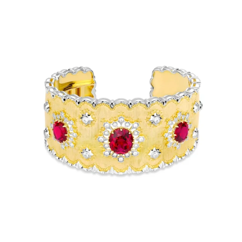 

CAMEO 925 Silver Synthetic Zircon Bracelet Gold brushed Ruby Oval Cut Sunflower Versatile Vintage Luxury Wide Edition Bangle