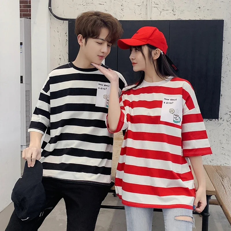 harajuku Women Rainbow Striped Oversized T-shirts Couples Clothes Streetwear T shirt Fashion short Sleeve Female Casual y2k Tops