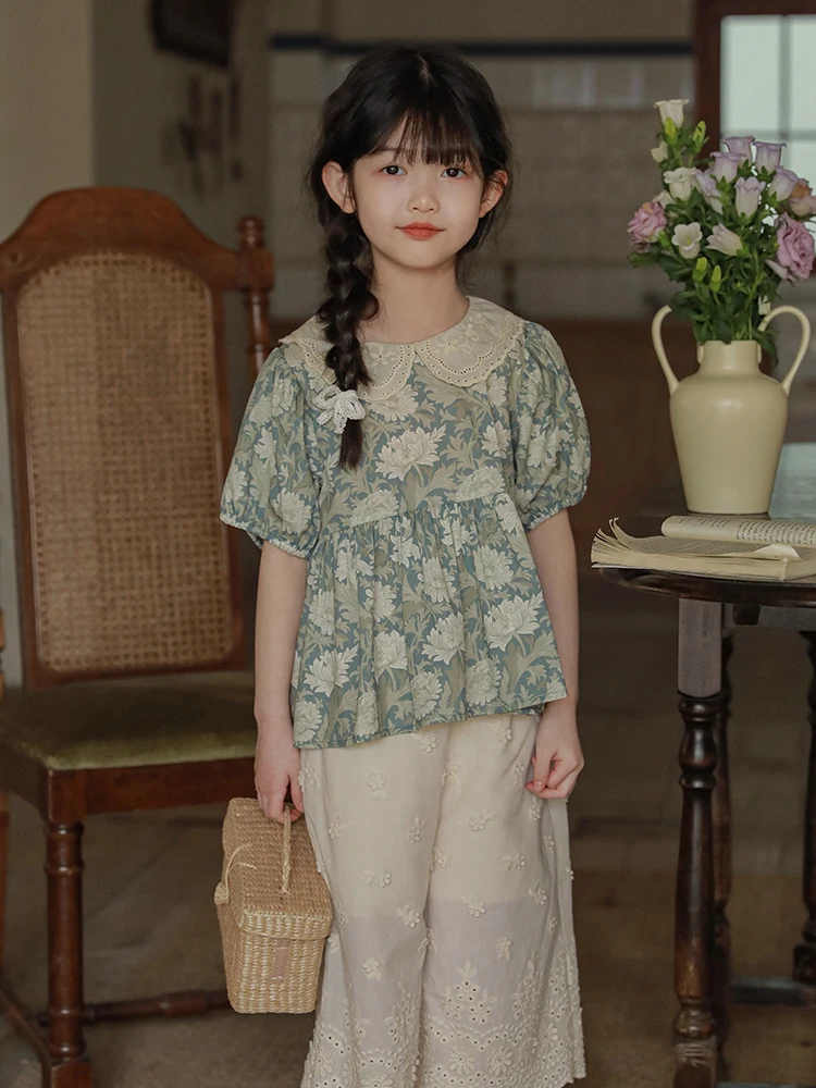 

2023 Summer New Girls' Printed Embroidered A-line Doll Shirt Hollow Out Doll Polo Top 4-6y 7-12y Blouses