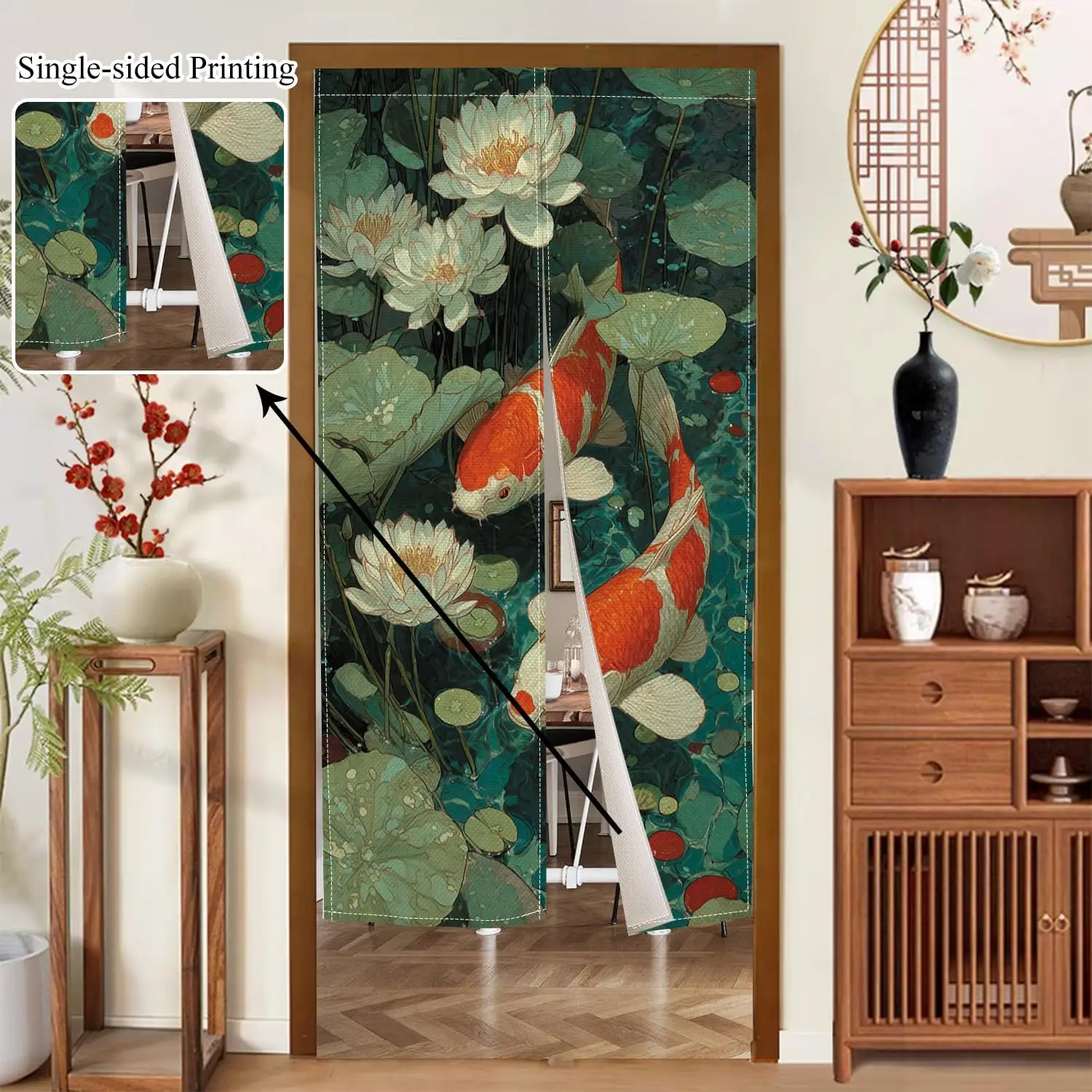 Japanese Noren Curtain Doorway Tapestry Chinese Lotus Pattern Window Treatment Japanese Kio Fish Door Curtain Panel for Bedroom
