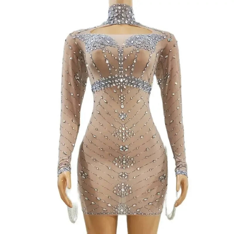 Nowa Sukienka z Frędzlami na Rękawach, Cyrkoniami, Damska Sukienka na Imprezę, Kostium na Świętowanie, Wieczorowa Sukienka na Bal, Strój Sceniczny dla Piosenkarki, na Festiwal, XS7023