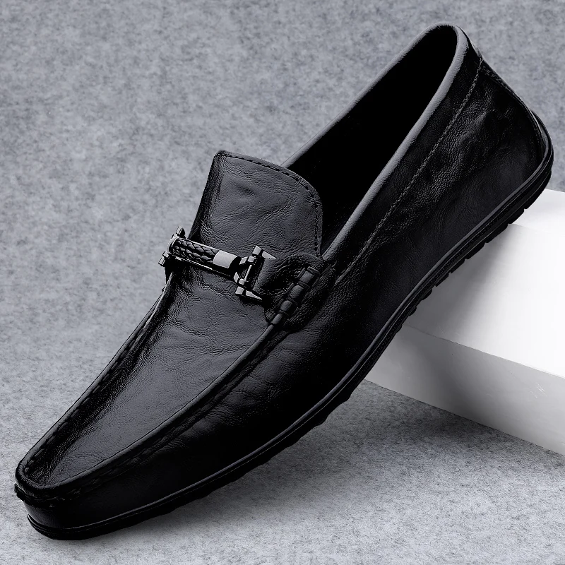 Metal Buckle Brown Loafers Genuine Leather Mens Business Formal Shoes Comfortable Casual Shoes Driving Footwear Breathable Mens