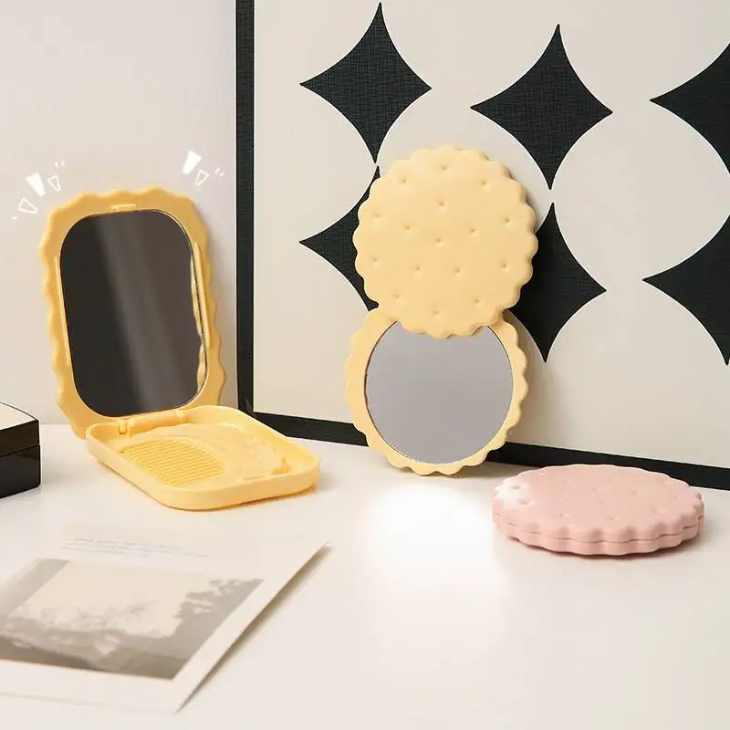Cheese Biscuit Design Pocket Mirror Portable Foldable Mini Makeup Mirror For Travel Daily Use Cute Cartoon Style