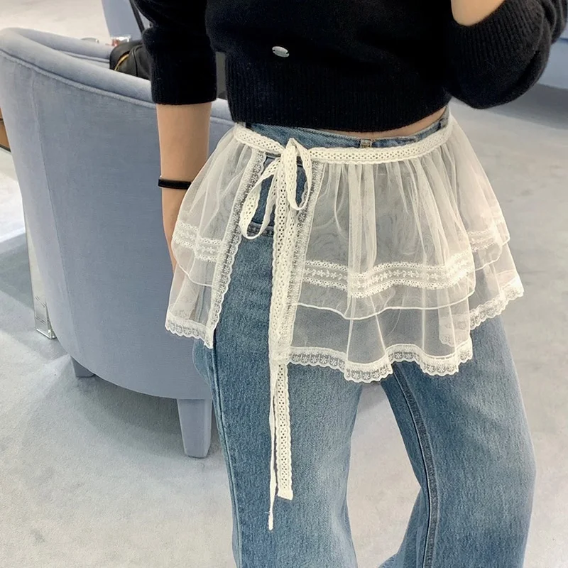 

Шикарная женская юбка с высокой талией, кружевной отделкой и завязками по бокам, новинка весеннего сезона, в корейском стиле, юбка-полусолнце, юбка-штора