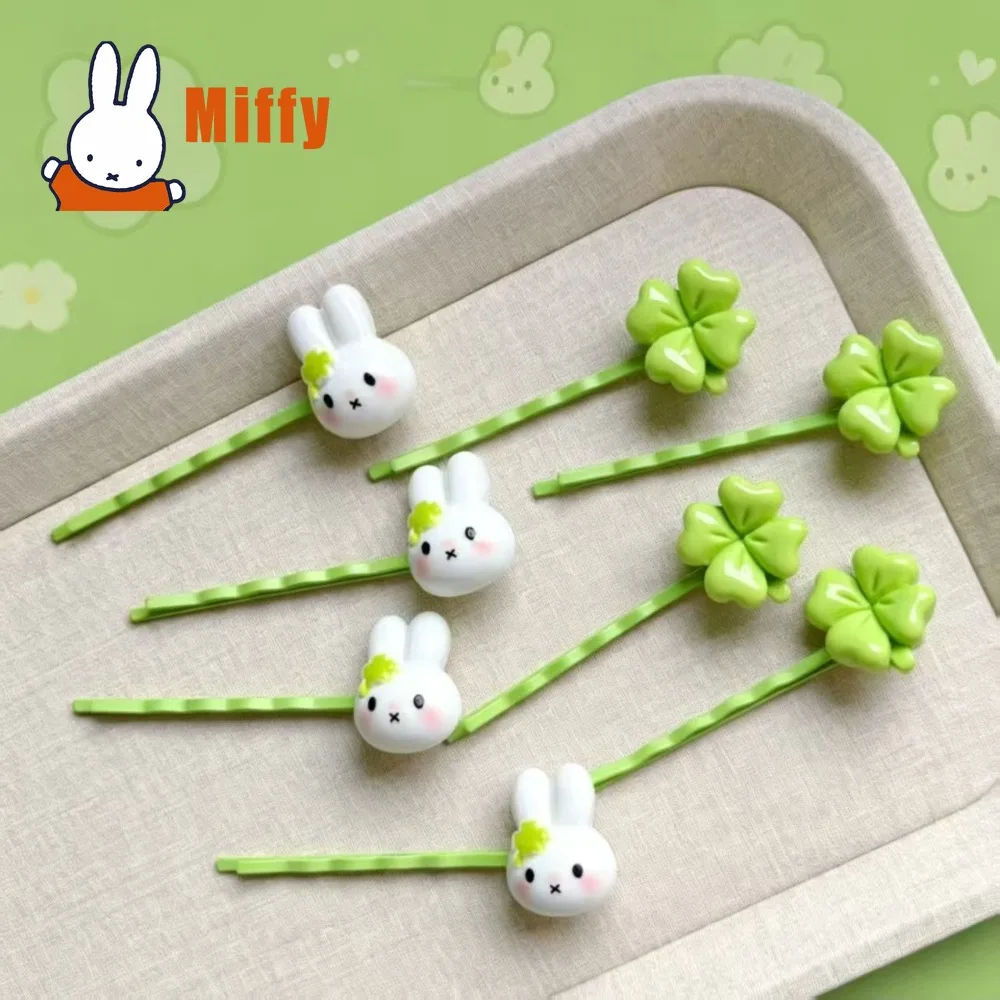 Kawaii Miffy Hairpin Cute Rabbit Four Leaf Clover Resin Mini Bobby Pin Pastel Green Glossy Adorable Hair Accessory Girl Gift