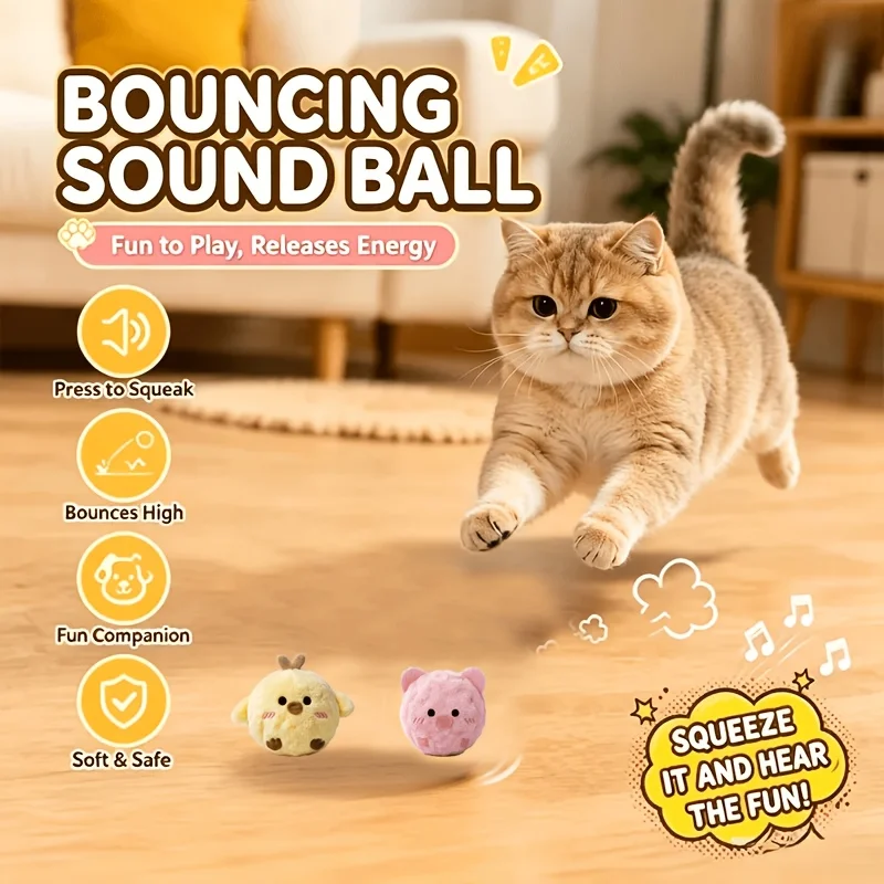 2Pcs Squeaky Cat Toy Ball Bouncing Interactive Pet Toy For Cats Dogs Press Sound Chew Resistant No Battery Embroidered