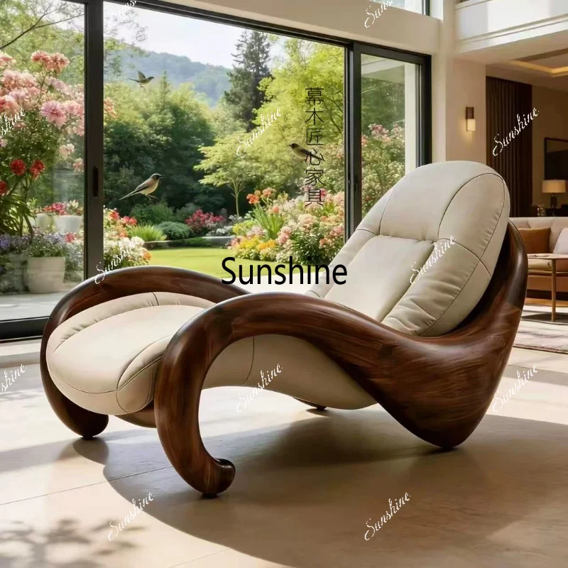 Solid wood leather single sofa chair casual lazy living room furniture