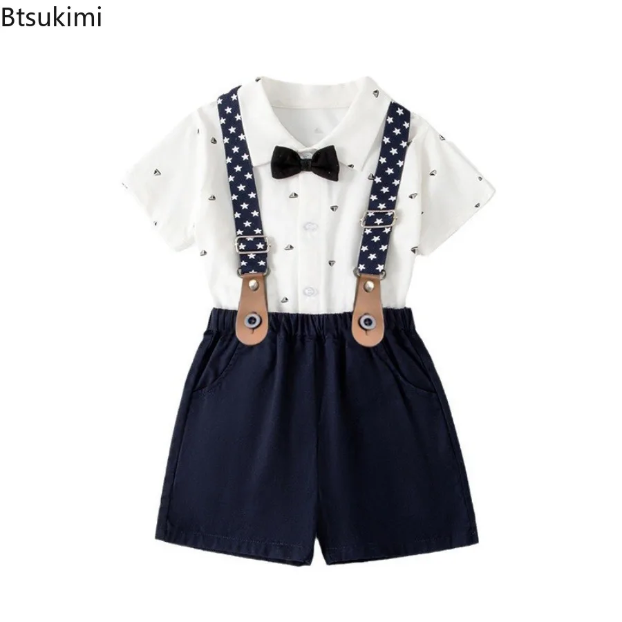 Birthday Party Outfit for Newborn Baby Boys Print Romper with Suspender Set Toddler Soft Cotton Gentleman Suit Infant Clothing