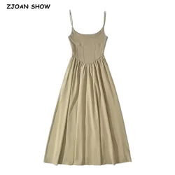 2023 Retro Hepburn U neck Jersey Spliced Ruched Pleated Swing Midi Dress Women Corset Style Low Waist Long Sling Robe Holiday