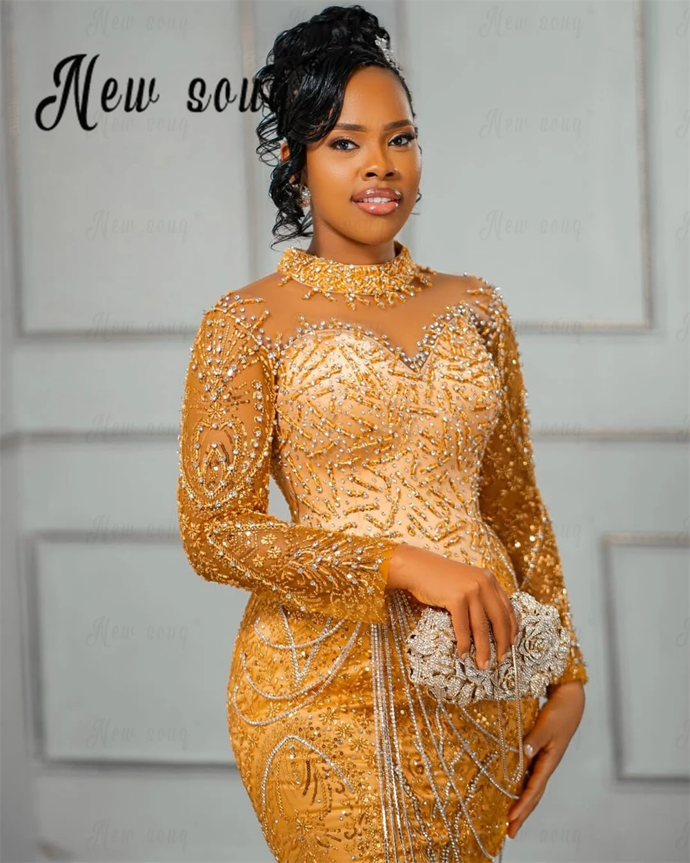 

Mermaid Long Gold Prom Dresses Beading Stunning Wedding Reception Gowns Birthday Party Wear Customized Formal Occasion Dress