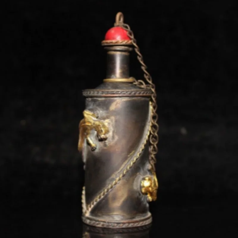 Antique Copper Gilt Dragon Relief Snuff Bottle - Auspicious Folk Art Display, Oriental Collectible Craft
