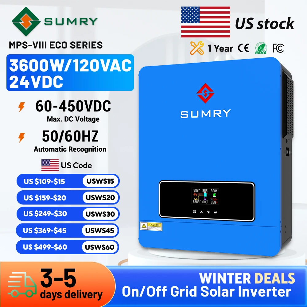 Sumry 3.6kw Hybrid Solar Inverter 110/120v 24v Dual Output with MPPT 120A 60-450v 50/60hz Home Inversor Pure Sine Wave