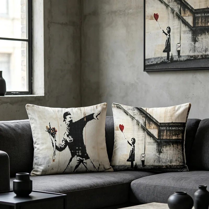 Banksy Graffiti Art Throw Pillow Covers Street Art Girl With Balloon Flower Thrower Cushion Case For Sofa Living Room Home Decor