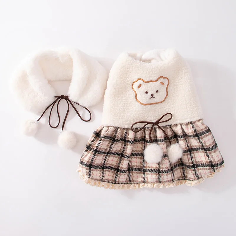 Winter Clothing for Dogs Bear Patchwork Plaid Waistcoat Skirt Warm Prevent Hair Loss Pet Cat Clothing Gift Scarf Dog Clothes