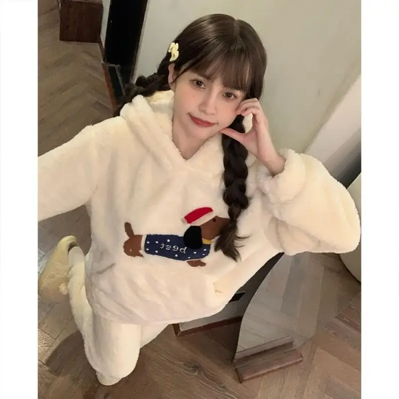 New Winter Women's Pajama Set Girl Nightwear Dachshund Cartoon Flannel Cute Coral Fleece Cozy Warm Loungewear Sleepwear