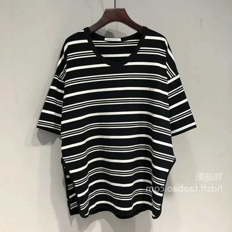 

Vintage Striped Oversized T-shirt Summer New Short Sleeve V Neck Casual All-match Loose Tops Tees Fashion Trend Women Clothing