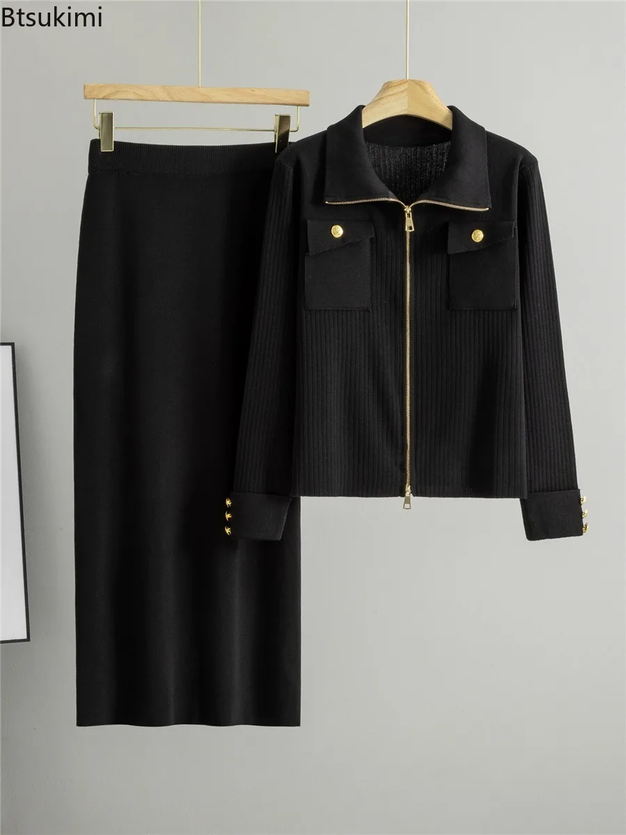 Women Polo Collar Knitted Skirt Set Solid Color Lapel Collar Zip Sweater Cardigan+Slimming High Waist Knitted Skirt 2-piece Set image 4