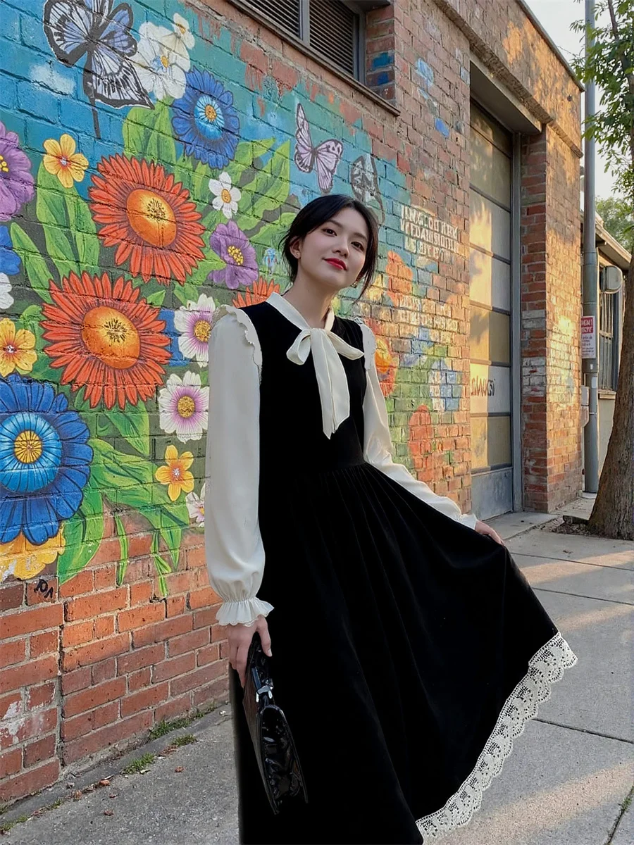 Damenkleider Schwarz A-Linie Patchwork Herbst Frühling Pailletten Elastisch Gestreift Rundhalsausschnitt Neckholder Taillierter Arbeit Ausgefallener Ausschnitt