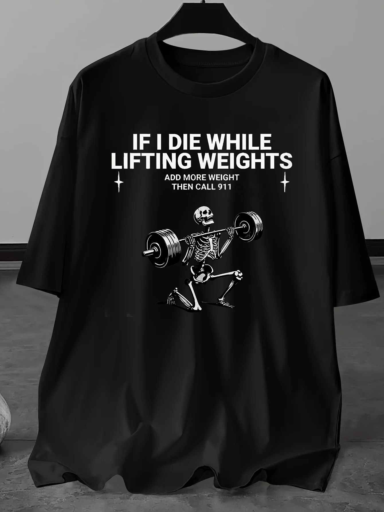 

Plus-size men's casual round-neck T-shirt, slightly elastic, regular style, with a humorous weightlifting slogan