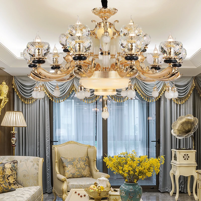 

New Duplex European-style Natural Crystal Chandelier All Copper Living Room Chandelier New Atmospheric Villa Bedroom Dining Room