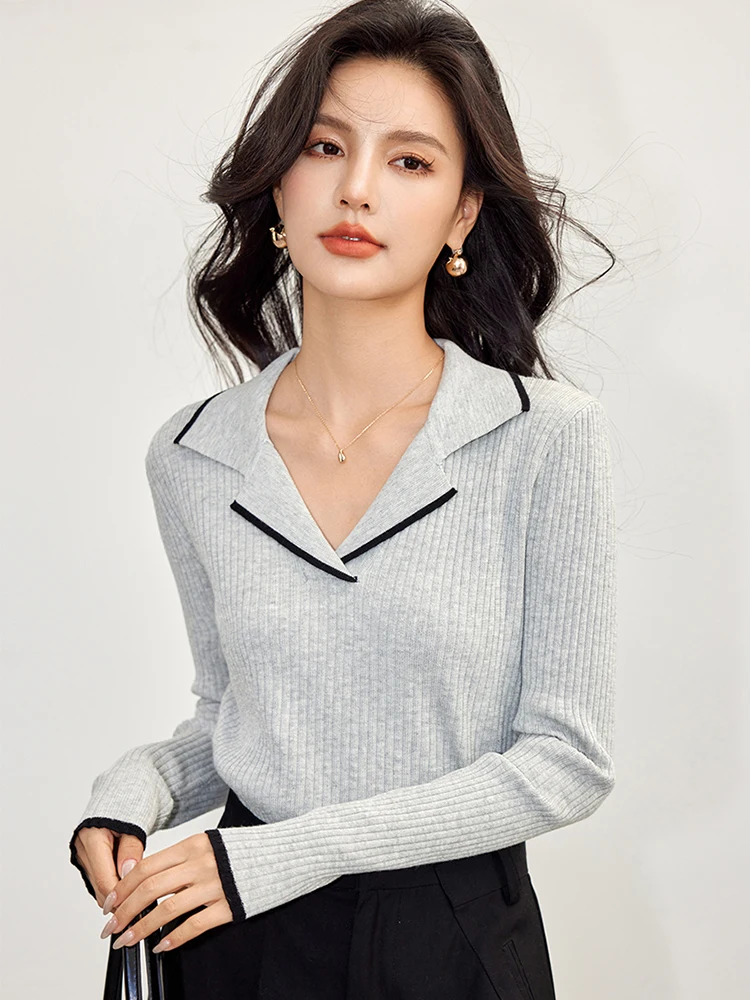 Women Pullover Sweater Temperament V-neck Long Sleeve Knitted Sweaters Female Korean Chic Niche Design Slim Fit Tops