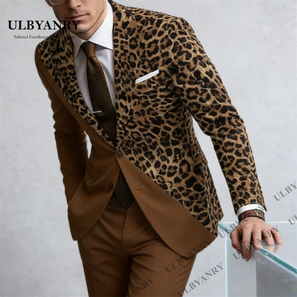 ULBYANRY Fashionable Leopard Printed Suits Men 2 Pieces Sets Single Breasted Prom Blazers Customized Groom Dinner Party Tuxedo