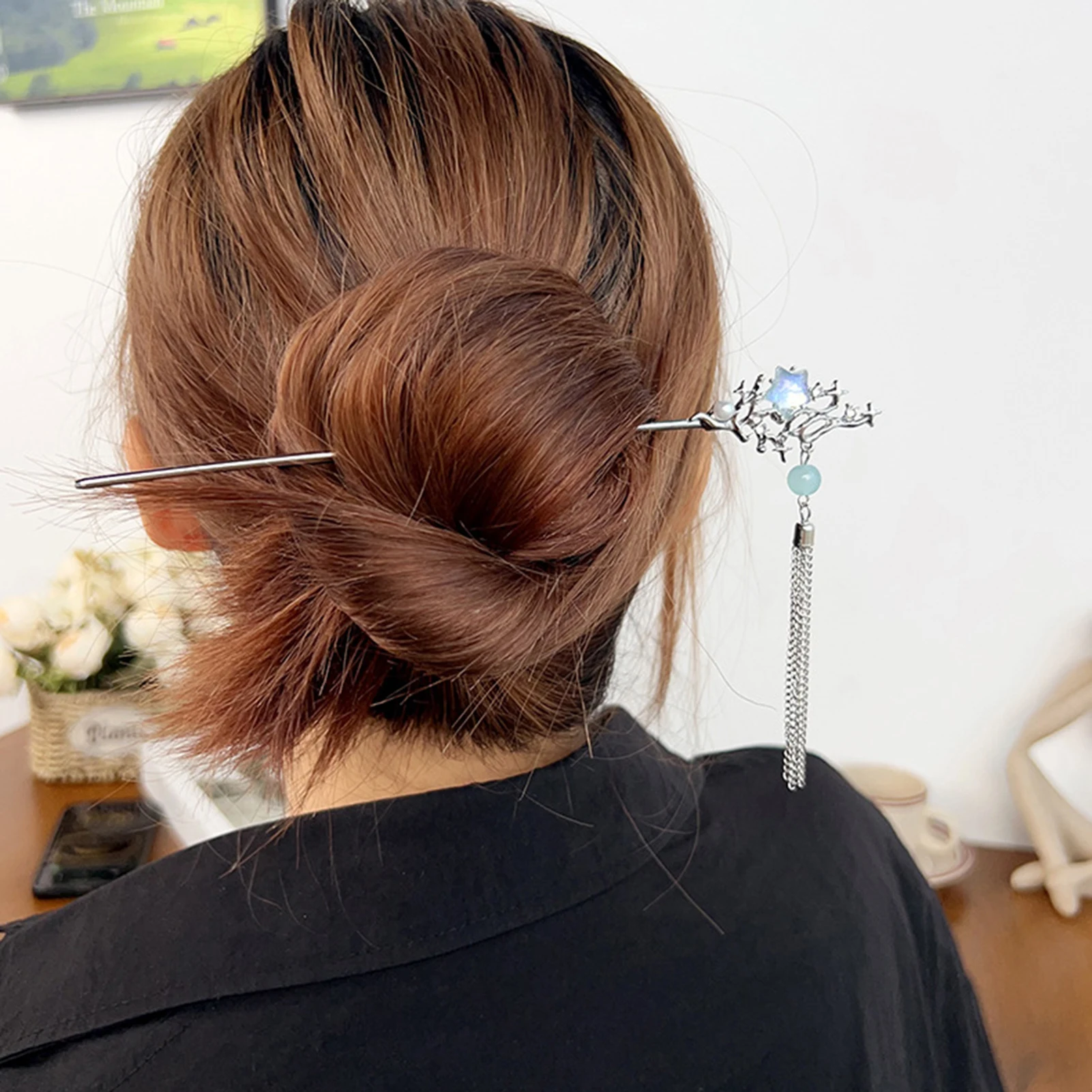 태슬 헤어핀 여성용 크리스탈 헤어 클립 꽃 모양 디자인 스텝 쉐이크 한푸 헤어 스틱 태슬 헤드웨어 헤어핀 장신구
