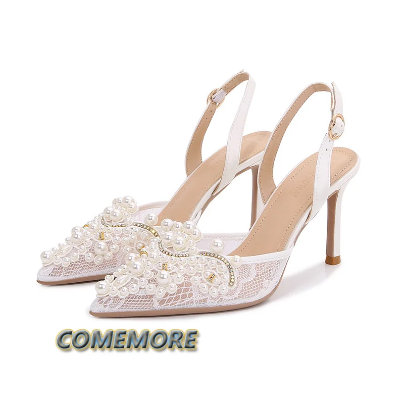 Sandals Shoes for Women 2023 White Luxury Wedding Shoes Bridal Female Lace Fashion High Heels Pearl Summer Footwear Pointed Toe