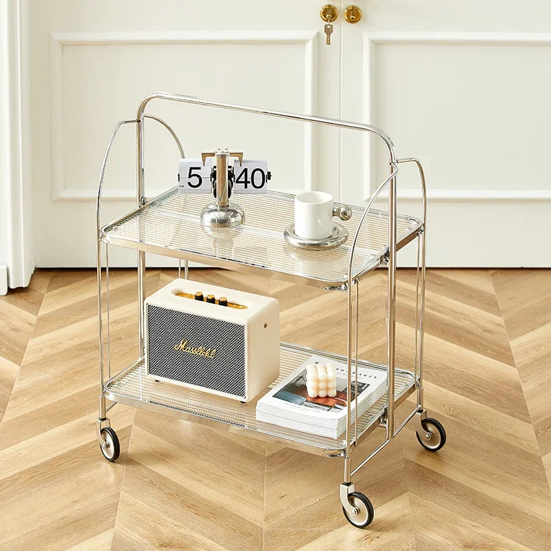 Vintage Glass Coffee Table  Easy-Clean  Rolling Cart  Ins  Serving Cart Foldable Storage Rack for Dining Rooms