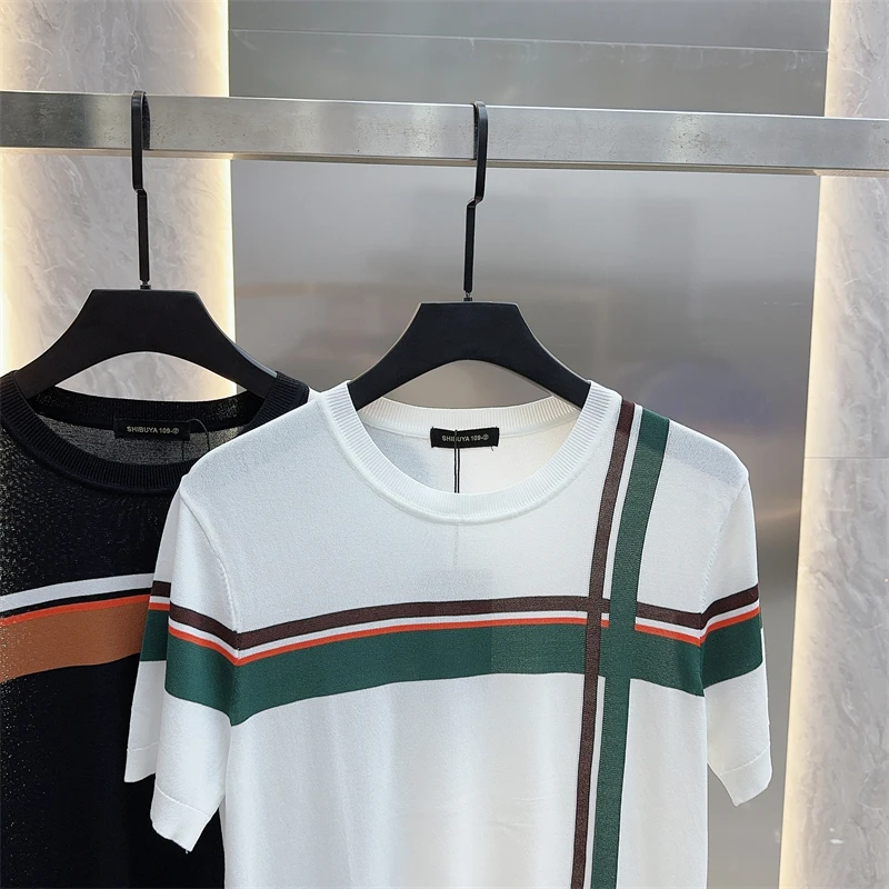 2024 Summer Stripe Knitted T-shirt Men Slim Fit Short Sleeve T-shirt Versatile Round Neck Ice Silk Casual Business Tee M-4XL