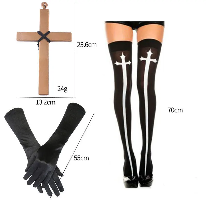 Nonne Missionar Kostüm Set Nonne Hut Kreuz Anhänger Halskette Knie Oberschenkel hohe Socken Schwester Nonne Kragen Halloween Cosplay Rollenspiel