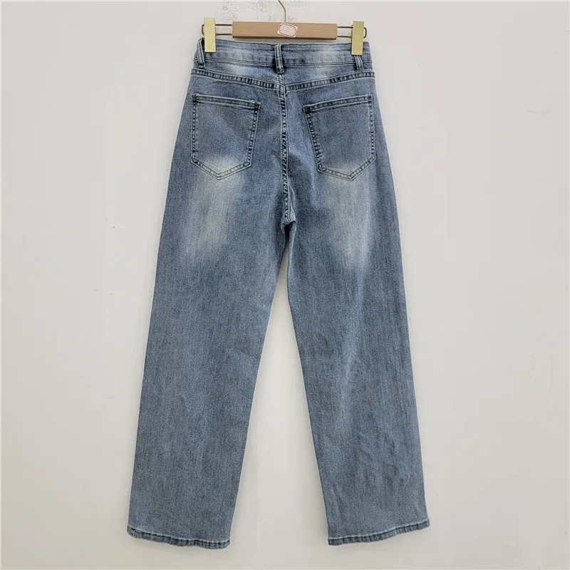 2026 New Spring Summer Cotton Elastic Denim Pants Women All-match Hot Diamonds Hollow Out Light Blue Full Length Straight Jeans
