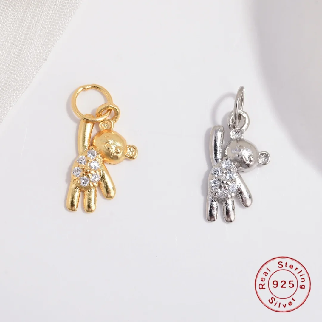 

S925 Sterling Silver Inlaid Zircon Cute Bear Charm DIY Handmade Bracelet Necklace Jewelry Accessories SD96