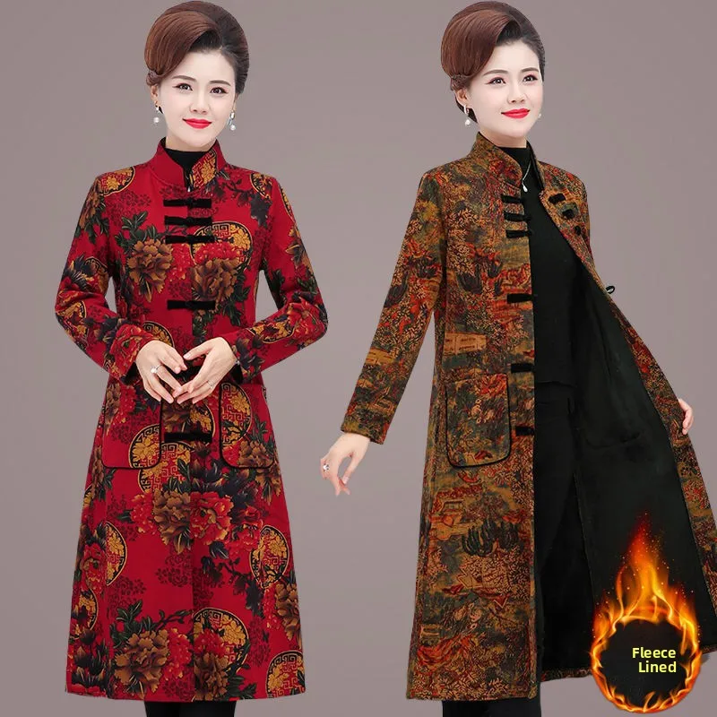 

Ethnic Loose Fce Lined Cotton Jaet Mid-Length Women's Sle Comfortable Autumn Winter Outerwear Ele Commuter Faion