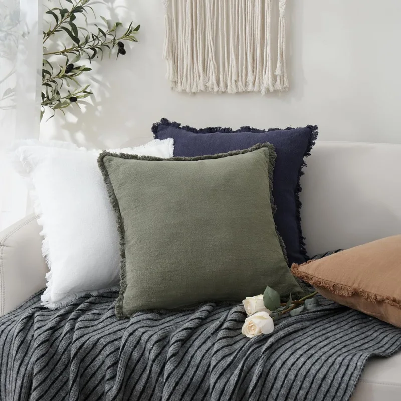 Poduszka bawełniana pokrowiec 45x45cm z frędzlami w jednolitym kolorze zielona poduszka pokrycie dekoracyjne łóżko Sofa do salonu nowoczesne dekoracje do domu nordyczny