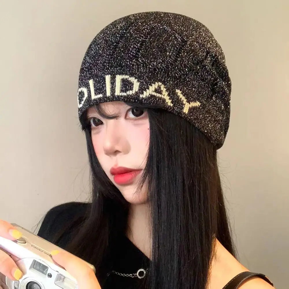 

Fashion Vintage Sequin Knitted Hat Cool Hollow Letter Beanie Hat Mixed Color Thin Knitted Pullover Hat Autumn
