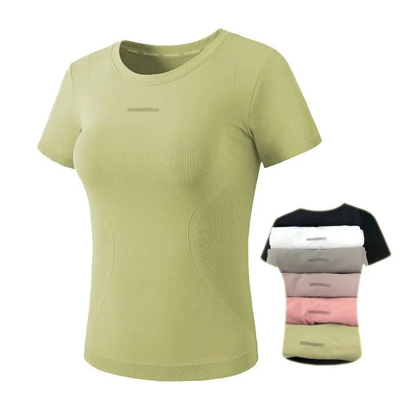 Camisa de Yoga de color caramelo para mujer, Top deportivo de manga corta transpirable, de secado rápido, Sexy y ajustado