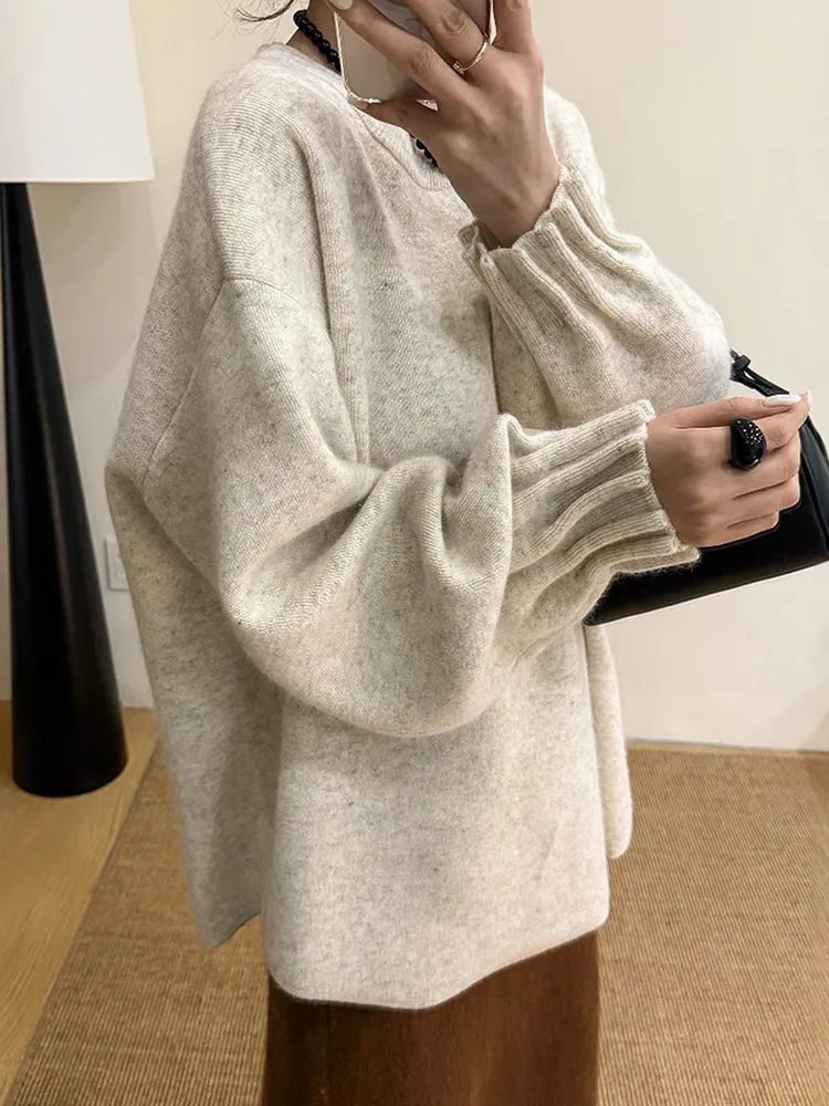 Korean Design Lantern Sve Thiened Knitted Sweater round Ne Loose Women's Autumn Winter Faionable All-Match Top