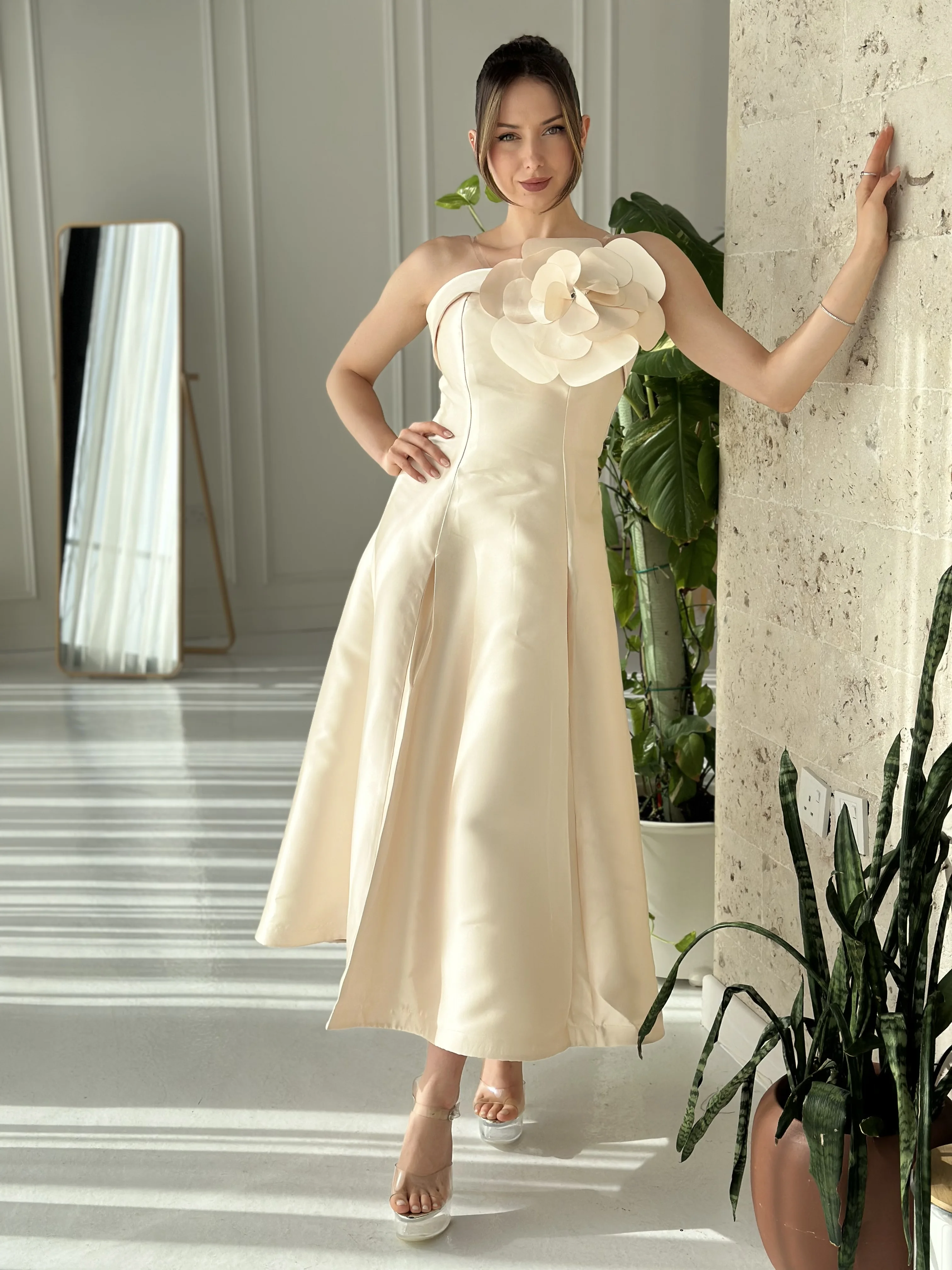 Robe élégante sans bretelles pour femme, champagne, zone de luxe, longueur thé, robe de soirée de mariage, fleur