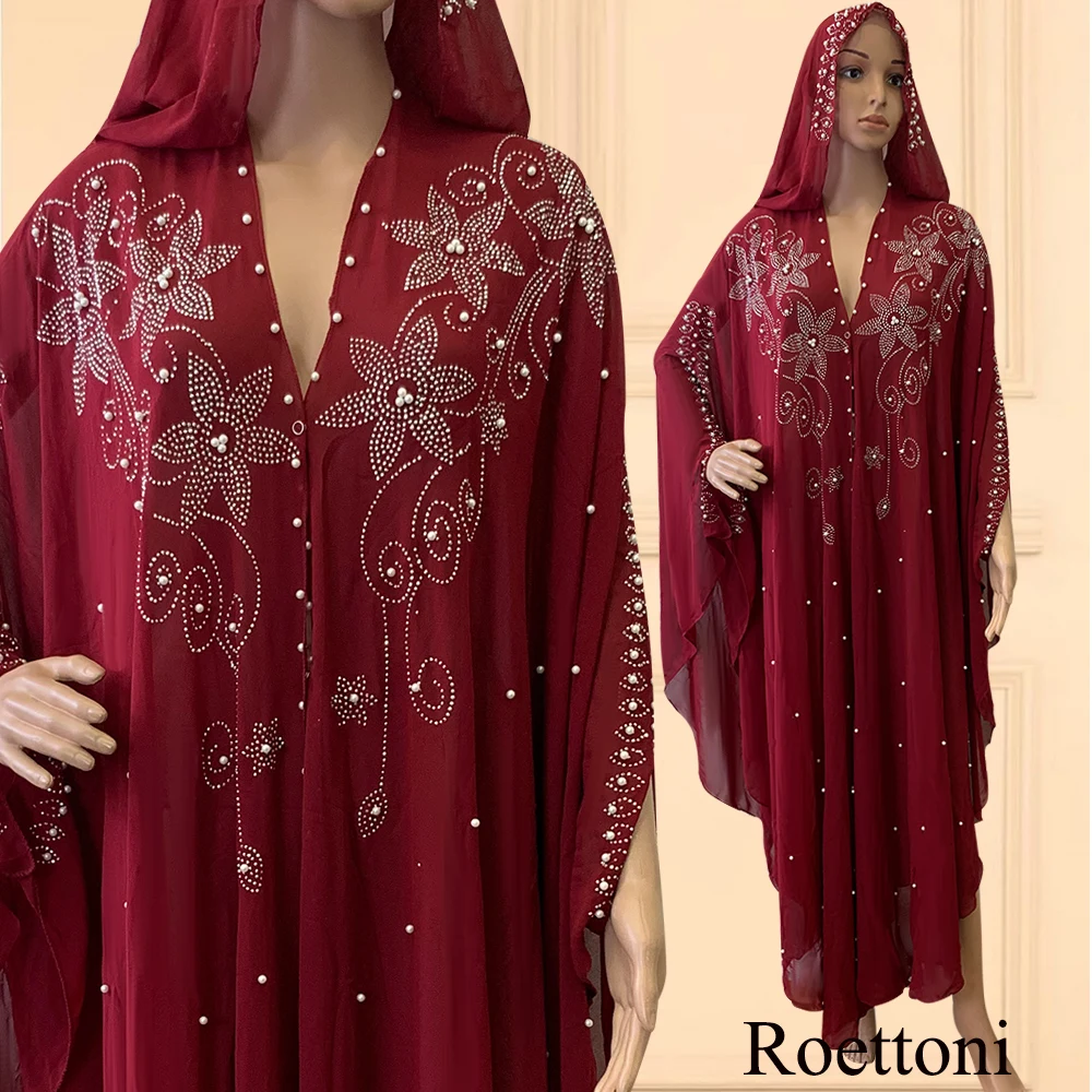 Muslim Kaftan Abaya Dress Kimono Women Dubai Open Abaya Turkish Stone Chiffon Hooded Dress Elegant African OverSize Gorgeous Par