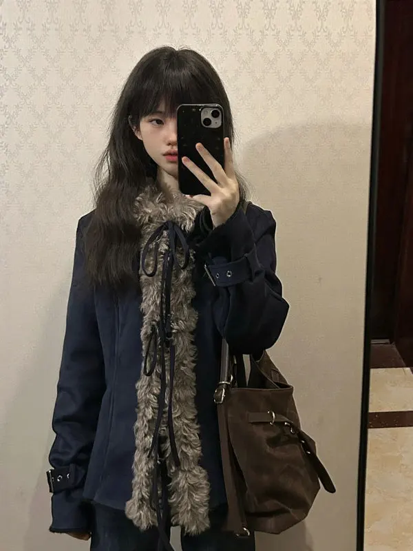 

Корейский винтажный уникальный супер милый меховой воротник, верхняя одежда из тюэта, женский топ в этом году, осень 2026