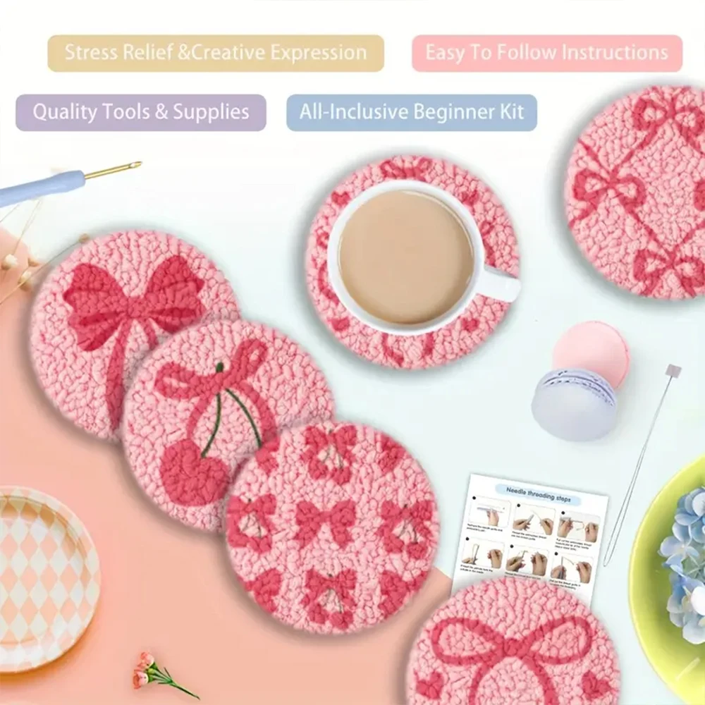 

1 Set 6 Patterns Punch Needle Coaster Kit for Beginners, Easy Embroidery Set with Hoop/Yarn, DIY Home Decor, Sewing Supplies Set