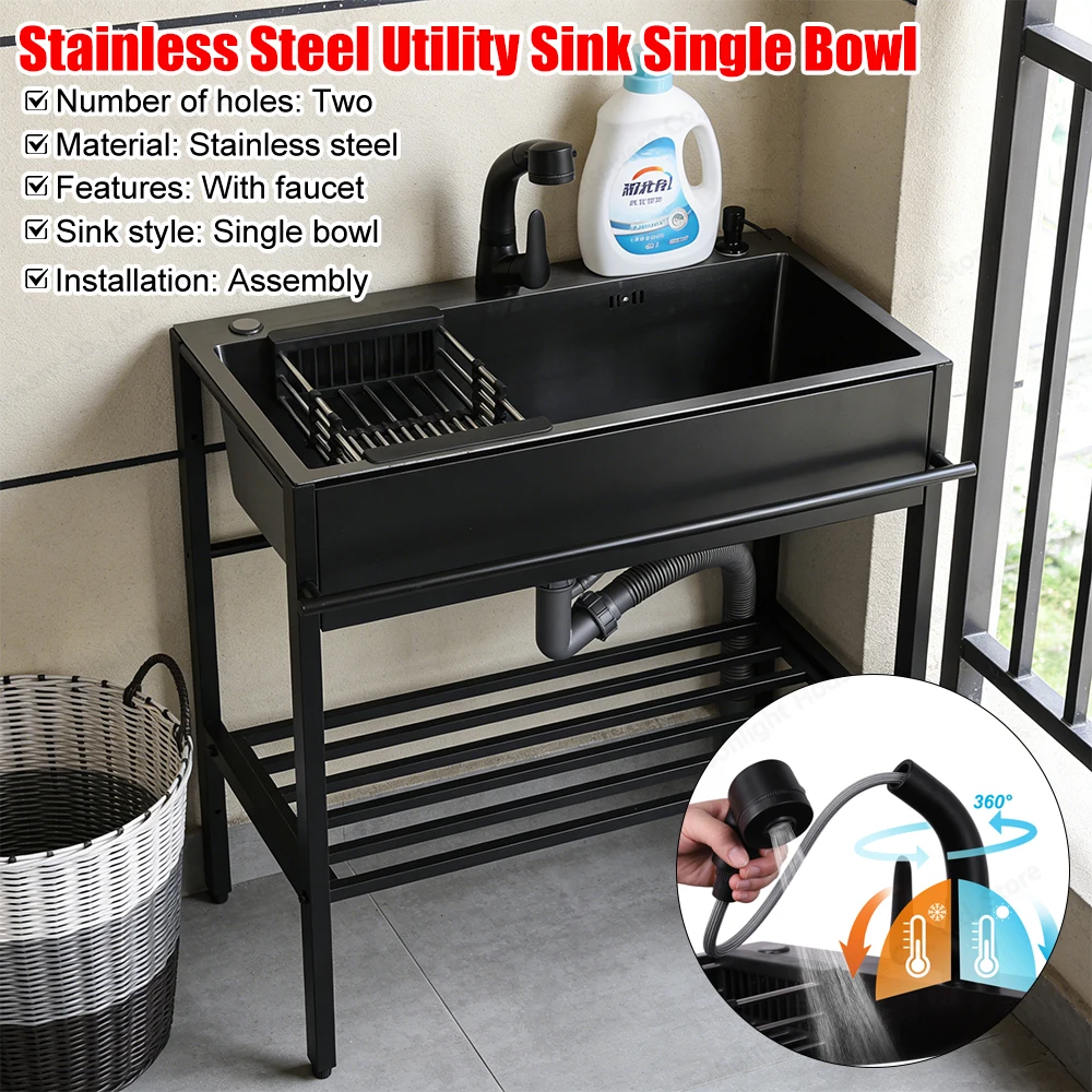 

Stainless Steel Sink with Cold and Hot Water Faucet Hoses and Drain Kit Kitchen Single Bowl Sink for Kitchens Bathroom Garage