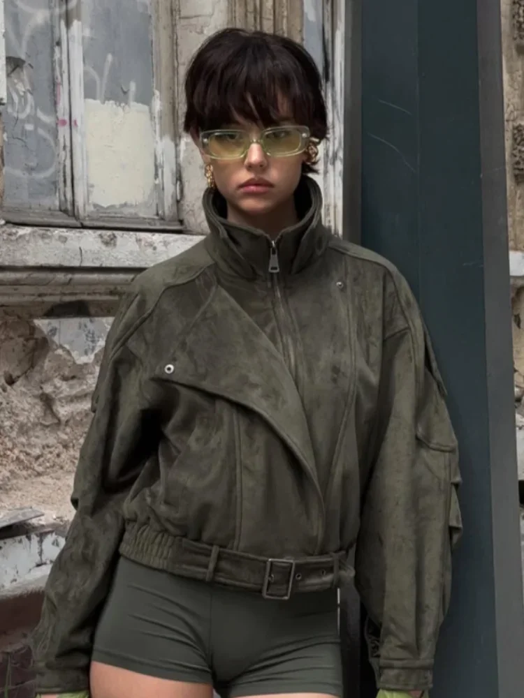 

Women Fashion Green Cropped Suede Jacket Stand Collar Full Sleeve Zipper Belt Coat 2025 Autumn Lady Solid High Street Outerwear