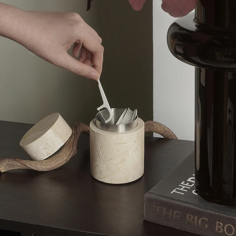 

Винтажный травертин, держатель Qtip, диспенсер, органайзер для хранения в ванной комнате, контейнер для ватных тампонов, шариков, подушечек, зубочисток, нить