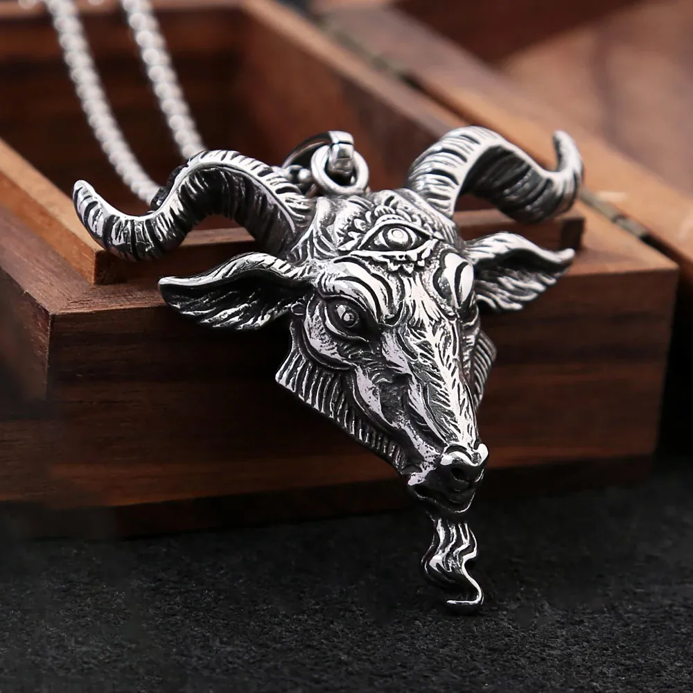 Gothic Lucifer Goat Head Stainless Steel Pendant Necklace Punk Hip Hop Satanic Sheep Head Fashion Jewelry For Men And Women